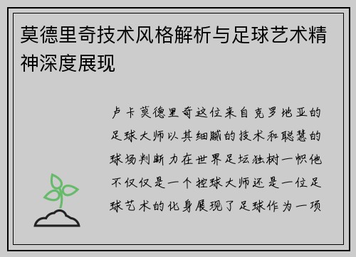 莫德里奇技术风格解析与足球艺术精神深度展现